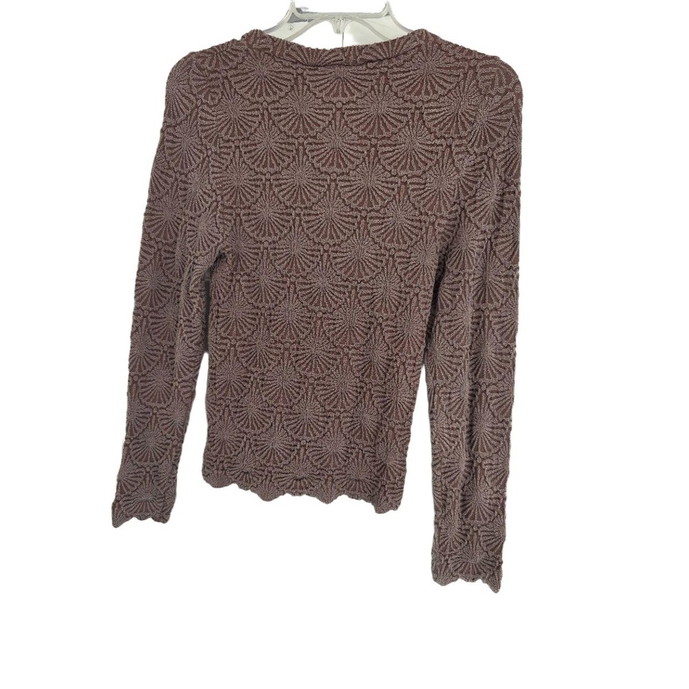 AURA Brown Mauve Textured Knit Crew Neck‎ Long Sleeve Scalloped Hem Sweater LG - Picture 4 of 9